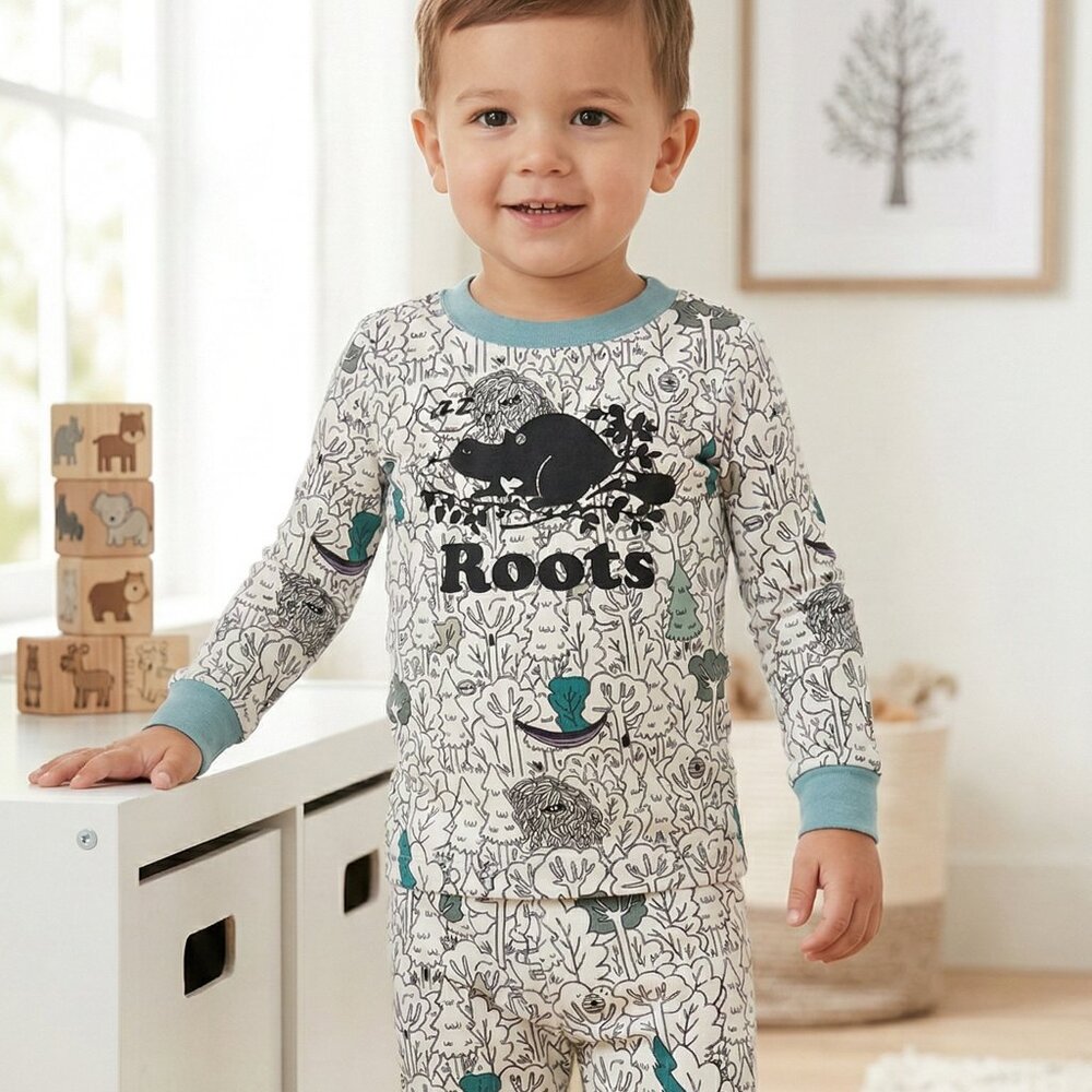 Roots Kids Forest Print Pajamas - Beaver Graphic All-Over Tree Pattern